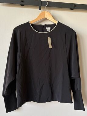 Chico's Black Long Sleeve Crewneck Top with Silver Trim